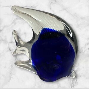 Vintage blue glass angel fish figurine hand blown decor @4 inch